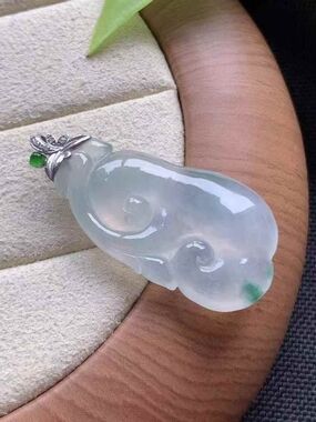 Cerified Untreated Jade Ruyi Pendant Necklace with Green Accent ,18K Gold Bail